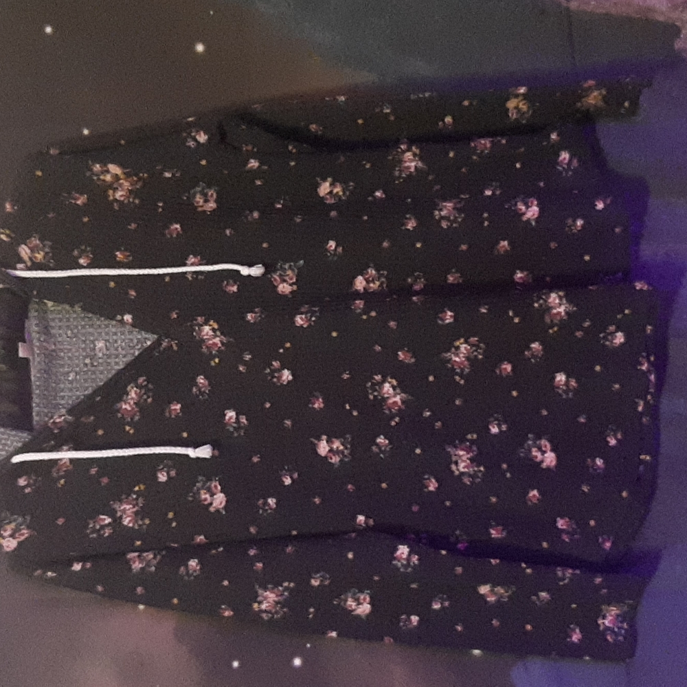 Rue 21 Medium floral over black hooded shirt, flannel textured